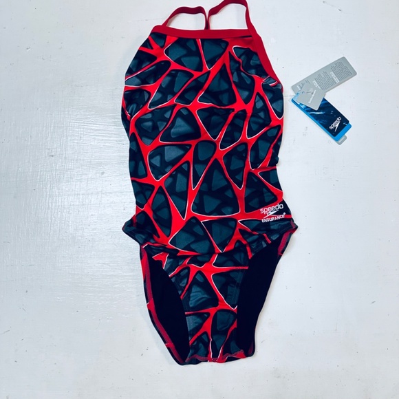 speedo Women's Swimsuit Hard Wired One Back Size 30 Red Black Abstract Print New - Picture 6 of 10